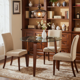Sunvega Contemporary Round Walnut Wood Tripod Dinette Table with Tempered Glass Top
