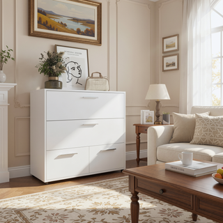 Sunvega 4 Drawer White Dresser with Sturdy Legs and Modern Design for Bedroom