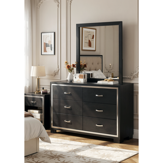 Sunvega Modern Glam Dresser with Six Drawers Sleek Metal Handles Black Bedroom Furniture