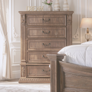 Sunvega Transitional Weathered Oak Finish Chest with Dentil Molding and Carved Details