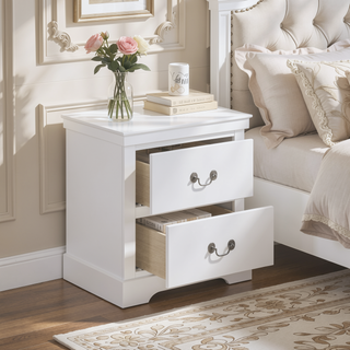 Sunvega Traditional White Wooden Nightstand with 2 Dovetail Drawers and Satin Nickel Handles