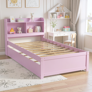 Sunvega White Twin Trundle Bed with Storage Headboard and Bookcase