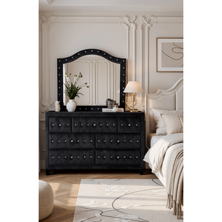 Sunvega Cream Velvet Upholstered Crystal Tufted 7-Drawer Dresser with Wood Frame