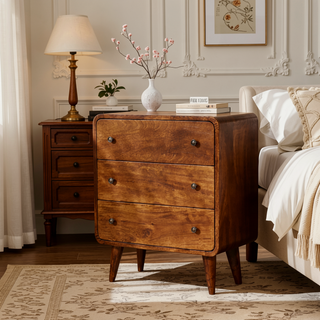 Sunvega Solid Mango Wood Chestnut Mini Curved Chest with 3 Drawers and Nordic Legs