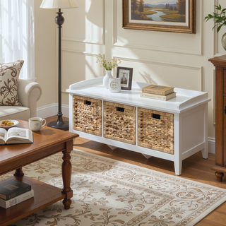 Sunvega Low-Profile Storage Bench with Three Spacious Brown Rattan Drawer Baskets