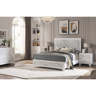 Sunvega White Rubberwood Nightstand with Faux Marble Inset and Black Bar Pulls