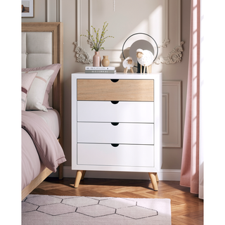 Sunvega White and Natural Finish Pine Wood Nightstand with Drawer and Shelf