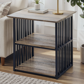 Sunvega Industrial Metal Frame Nightstand with Wooden Top and Two Open Shelves
