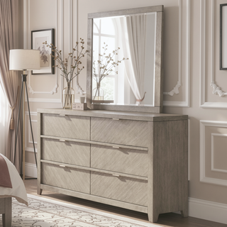 Sunvega Ash Veneers 6 Drawer Dresser with Harringbone Look and Transitional Design