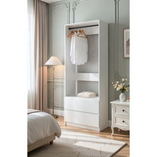 Sunvega White Wood Walk-In Closet with Two Rods and Oak Finish