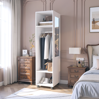 Sunvega Freestanding Wardrobe with Mirror, Shelves, Hanging Rod and Casters for Bedroom