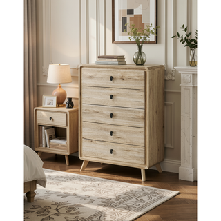 Sunvega Mid-century Style Nightstand with Two Drawers and Warm Wood-inspired Finish