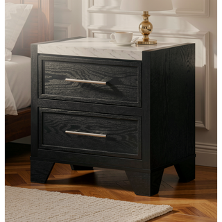 Sunvega Modern Nightstand with Faux Marble Top Two Drawers Black Finish