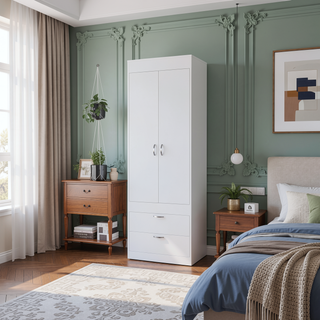 Sunvega White Finish Armoire Tarento with Two Drawers and Double Door Cabinet