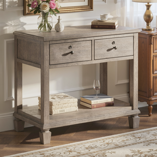 Sunvega Gray Oak Finish Classic Transitional Nightstand with 2 Drawers and Open Shelf