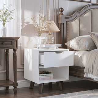 Sunvega Modern Nightstand with Open Shelf and Drawer on Wooden Legs