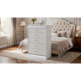 Sunvega Glam Modern Style White Wood Chest with Crystal Accents and LED Lighting