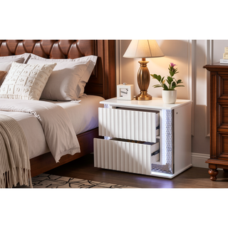 Sunvega White Wood Nightstand with LED Diamond Side Accents and Two Textured Drawers