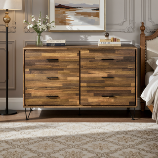 Sunvega Walnut Finish Dresser with Six Spacious Drawers and Storage Headboard