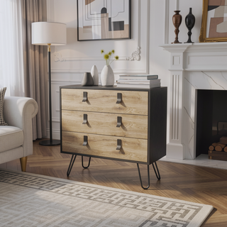 Sunvega White and Macadamia 3-Drawer Dresser with Contemporary Metal Handles and Wooden Legs