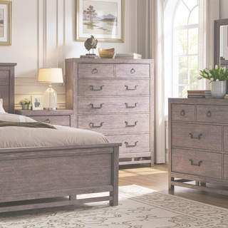 Sunvega Oak Five Drawer Chest with Antique Brass Hardware in Dawn Finish