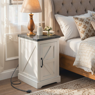 Sunvega Farmhouse Side Table with Charging Station USB Ports and Storage Cabinet