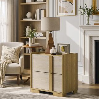 Sunvega Natural Wood and White Melamine 2-Drawer Nightstand Bedside Table