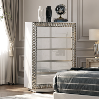 Sunvega Glam Gray 5-Drawer Chest with Plinth Base Silver Molding Glass Shelf