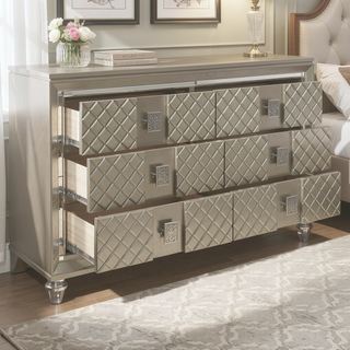 Sunvega Glamorous Champagne Finish Nightstand with 2 Dovetail Drawers and Beveled Mirror Trim