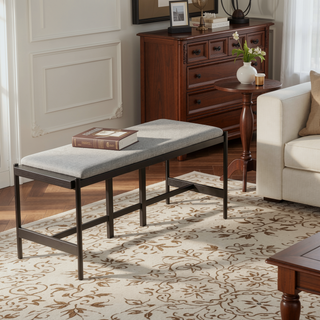 Sunvega Contemporary Black Metal and Grey Fabric Bench with Distressed Wood Accent