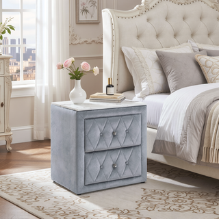 Sunvega Gray Fabric Upholstery Nightstand with Faux Marble Top and Two Drawers