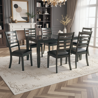 Sunvega Transitional Style Dark Gray 7pc Dining Set with Faux Marble Table Top