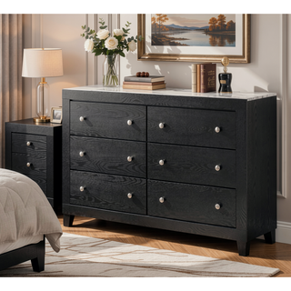 Sunvega Modern White Faux Marble Top Nightstand with Two Drawers in Black Finish
