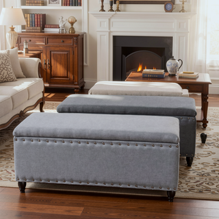 Sunvega Dark Brown Birch Legs Storage Ottoman with Light Assembly Required