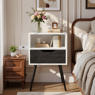 Sunvega Smokey Oak and White Finish Nightstand with Open Shelf and Drawer