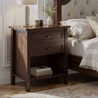 Sunvega Tobacco Brown Solid Pine Wood Nightstand with Two Drawers and Open Shelf