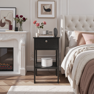 Sunvega Modern Black Wengue Nightstand with Drawer and Open Shelf for Bedroom