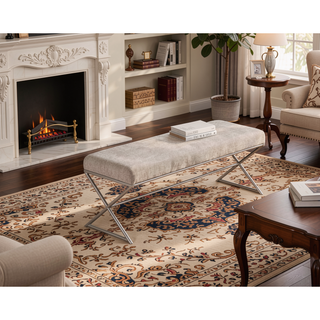 Sunvega Beige Tufted Upholstered Bench with Plush Cushioned Seat and Champagne Metal Legs