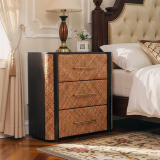 Sunvega Mocha-Finished Solid Mango Wood Chest with Handwoven Rattan Drawer