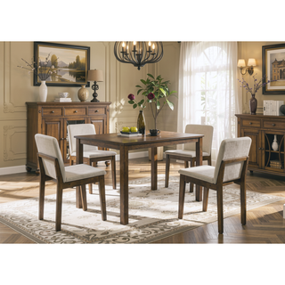 Sunvega Transitional Dark Walnut Finish 5pc Dining Set with Beige Fabric Cushioned Seats
