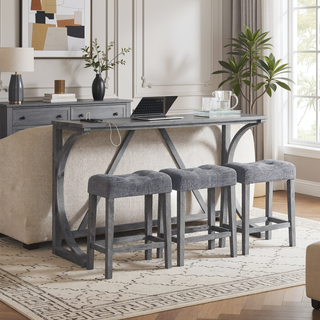 Sunvega 59 Inch Bar Table Set with Power Outlet and 3 Upholstered Stools for Living Room