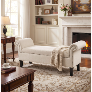 Sunvega Kathy Roll Arm Accent Bench with Nailhead Trim in Sky Neutral Beige