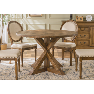 Sunvega Weathered Oak Finish Round Pedestal Dining Table with Wooden X-Design Base