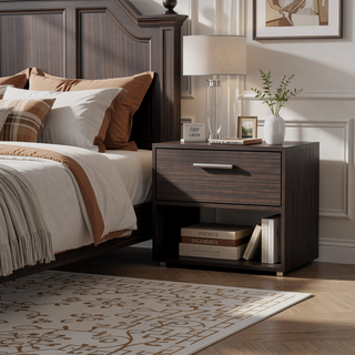Sunvega Stained Walnut Nightstand with a Single Drawer and Spacious Shelf