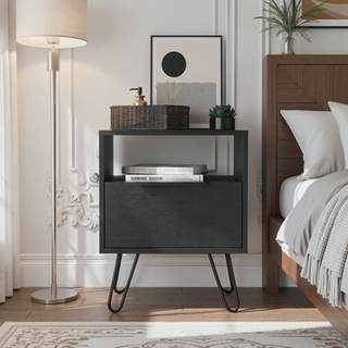 Sunvega Single Door Cabinet Nightstand with Hairpin Legs and Two Shelves