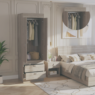 Sunvega Double Door Cabinet with Two Drawers and Integrated Hanging Rod for Bedroom
