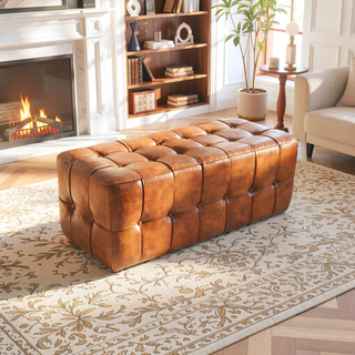 Sunvega Genuine Tan Leather Bench with Teak Frame for Living Room Bedroom