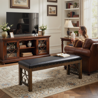 Sunvega Weathered Cherry Finish Bench with PU Leather Cushion and 16" Floor Clearance