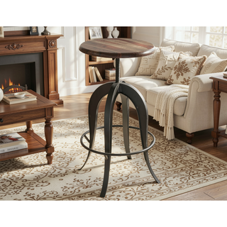 Sunvega Solid Wood Seat Top Metal Frame Round Stool with Smooth Crank Mechanism