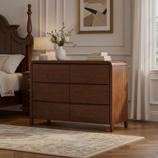 Sunvega Mid Century Modern 6-Drawer Dresser in Solid Wood with Solid Legs